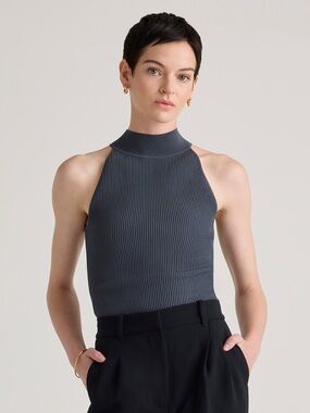 Quince High Neck Ribbed Cropped Tank Slate Gray XS Flawless